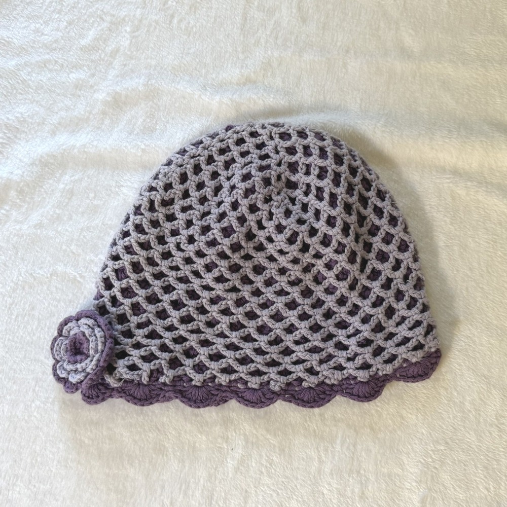 Breathe Purple Cotton Crochet Beanie Hat with Flower Accent Scalloped Edge Boho